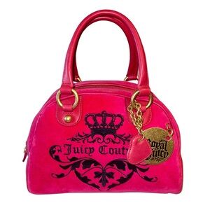 Juicy Couture Vintage Hot Pink Velour & Leather Royal Juicy Bowler Satchel Bag